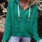 Sea Green Cable Knit V Neck Contrast Drawstring Hooded Sweater