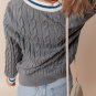 Medium Grey Color Contrast Ribbed Edge Cable Knit V Neck Sweater