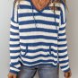 Blue Stripe V Neck Pocketed Drawstring Hooded Sweater