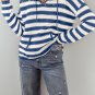 Blue Stripe V Neck Pocketed Drawstring Hooded Sweater