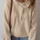 Beige Solid Color Drawstring Hooded Drop Shoulder Pullover Sweater