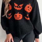 Black Halloween Pumpkin Face Pattern Drop Shoulder Sweater