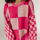 Rose Red Mixed Checkered Pattern Drop Shoulder Loose Sweater