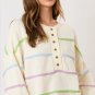 White Rainbow Stripes Drop Shoulder Baggy Henley Sweater