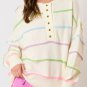 White Rainbow Stripes Drop Shoulder Baggy Henley Sweater