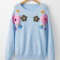 Light Blue Knitted Flower Pattern Ribbed Edge Sweater