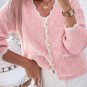 Pink Ribbed Knit Scalloped Edge Side Pockets Buttoned Cardigan