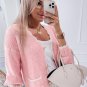 Pink Ribbed Knit Scalloped Edge Side Pockets Buttoned Cardigan
