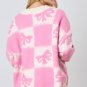 Pink Bowknot Checkered Pattern V Neck Drop Shoulder Button Up Cardigan