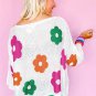 White Floral Print Buttoned Loose Lightweight Sweater