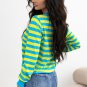 Green Stripe Crew Neck Drop Shoulder Casual Sweater