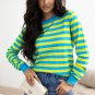 Green Stripe Crew Neck Drop Shoulder Casual Sweater