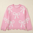 Pink Pearl Beaded Bowknot Pattern Distressed Split Hem Sweater