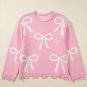 Pink Pearl Beaded Bowknot Pattern Distressed Split Hem Sweater