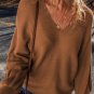 Camel Ribbed Knit Drop Sleeve V Neck Loose Fit Sweater
