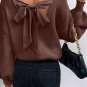 Coffee Lantern Sleeve V Neck Knot Back Sweater