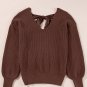 Coffee Lantern Sleeve V Neck Knot Back Sweater