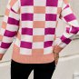 Pink Checkered Ribbed Edge O Neck Drop Shoulder Sweater