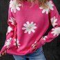 Bright Pink Daisy Flower Crew Neck Long Sleeve Sweater