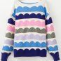 Dark Blue Wave Striped Balloon Sleeve Drop Shoulder Sweater