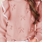 Light Pink Ruffled Bowknot Ribbed Trim Long Sleeve Sweater