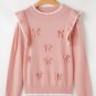 Light Pink Ruffled Bowknot Ribbed Trim Long Sleeve Sweater