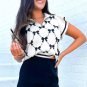 Black Preppy Vibes Bow Print Zipped Collar Sweater Tee