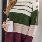 Green Color Block Striped Buttoned Shoulder Split Sweater