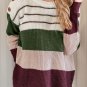 Green Color Block Striped Buttoned Shoulder Split Sweater