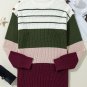 Green Color Block Striped Buttoned Shoulder Split Sweater