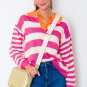 Rose Stripe Color Block Collared V Neck Drop Shoulder Sweater