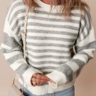 Gray Stripe Drop Shoulder Crew Neck Sweater