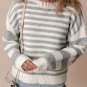 Gray Stripe Drop Shoulder Crew Neck Sweater