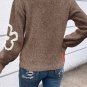 Parchment Contrast Flower Half Zipper Stand Neck Sweater