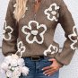 Parchment Contrast Flower Half Zipper Stand Neck Sweater