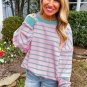 Pink Stripe Trimmed Round Neck Drop Shoulder Loose Sweater