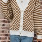 Brown Checkered Striped Patched Buttoned V Neck Cardigan