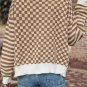 Brown Checkered Striped Patched Buttoned V Neck Cardigan