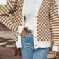 Brown Checkered Striped Patched Buttoned V Neck Cardigan