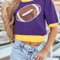 Purple Sequin Rugby Color Block Puff Short Sleeve Sweater