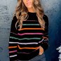 Black Colorful Striped Ribbed Trim Sweater