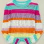 Rose Red Colorblock Patchwork Knit Crochet Eyelet Sweater