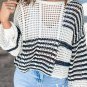 White Stripe Contrast Striped Crochet Puff Sleeve Sweater