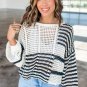 White Stripe Contrast Striped Crochet Puff Sleeve Sweater