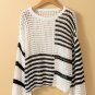 White Stripe Contrast Striped Crochet Puff Sleeve Sweater