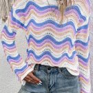Purple Stripe Wavy Pointelle Knit Drop Shoulder Sweater