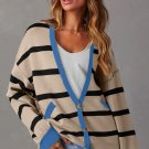 White Colorblock Drop Shoulder Buttoned Loose Cardigan