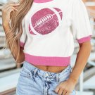 Pink Sequin Rugby Color Block Puff Short Sleeve Sweater