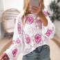White Contrast Flower Print Eyelet Drop Shoulder Sweater