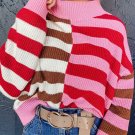 Pink Stripe Color Block High Neck Drop Shoulder Loose Sweater
